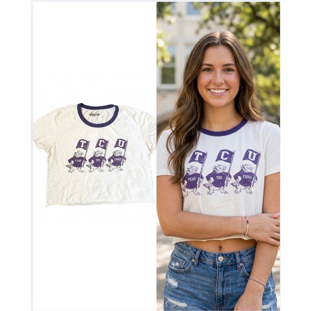 Reserve Collection Blue 84 TCU Horned Frogs White Purple Ringer Cropped Tee L